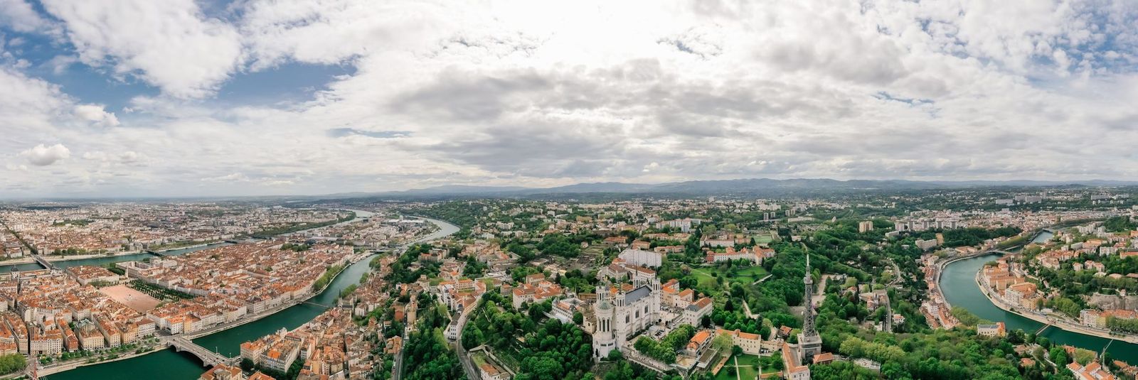 Aerial view of Lyon with the Rhône and Saône rivers