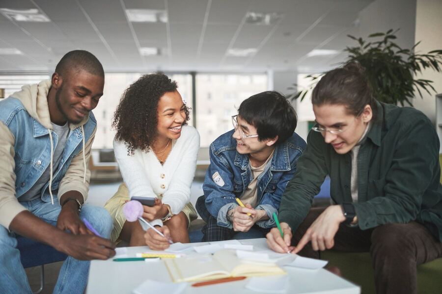 International students working together on a group project